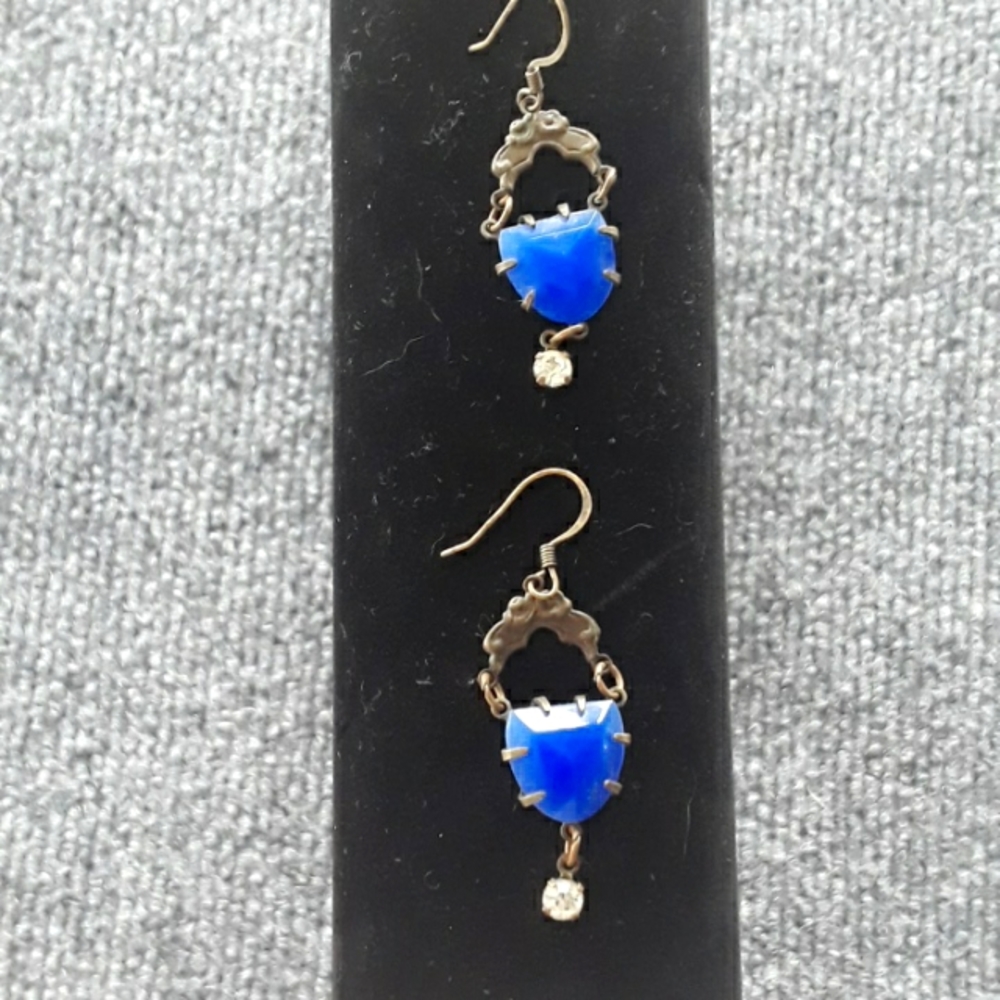 Brass hanging pierced earrings with blue stone and rhinestone